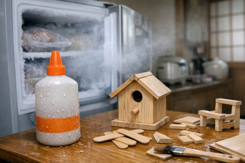 木工用ボンドと開いた冷凍庫を並べたイメージ