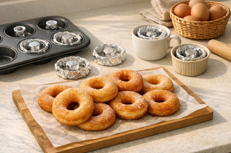 ドーナツと家庭にある代用品を並べたキッチンのイメージ