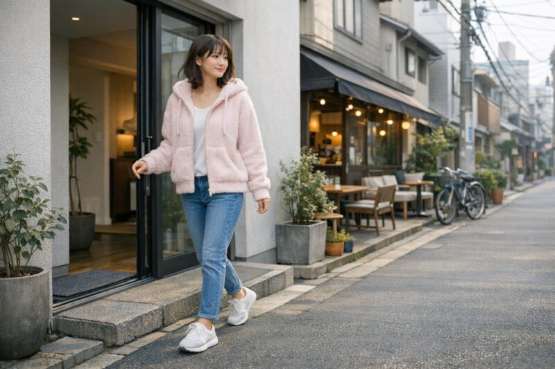 ジェラートピケ風パーカーを外出コーデに取り入れたイメージ