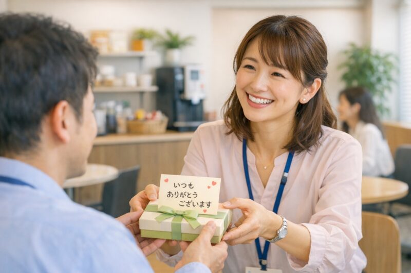 職場でお菓子を渡すシーン