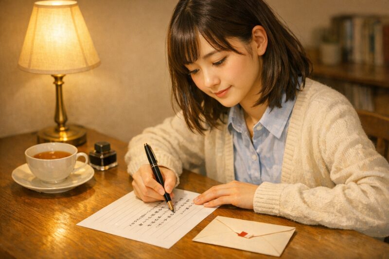 教育実習のお礼状を手書きで書いている様子