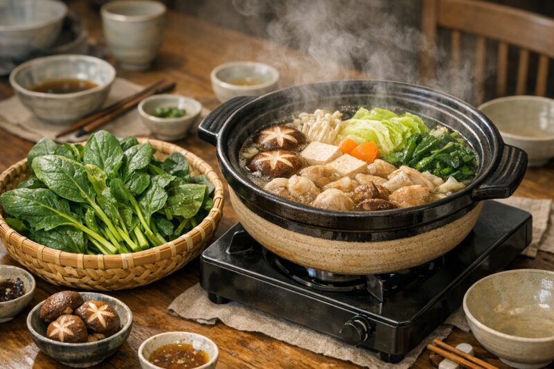 鍋のそばに新鮮なほうれん草を並べた食卓イメージ