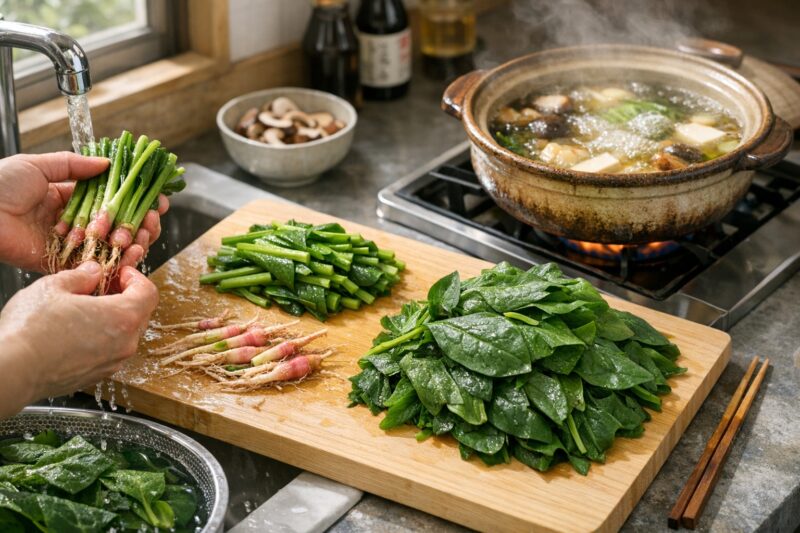 ほうれん草を洗って下ごしらえしているイメージ