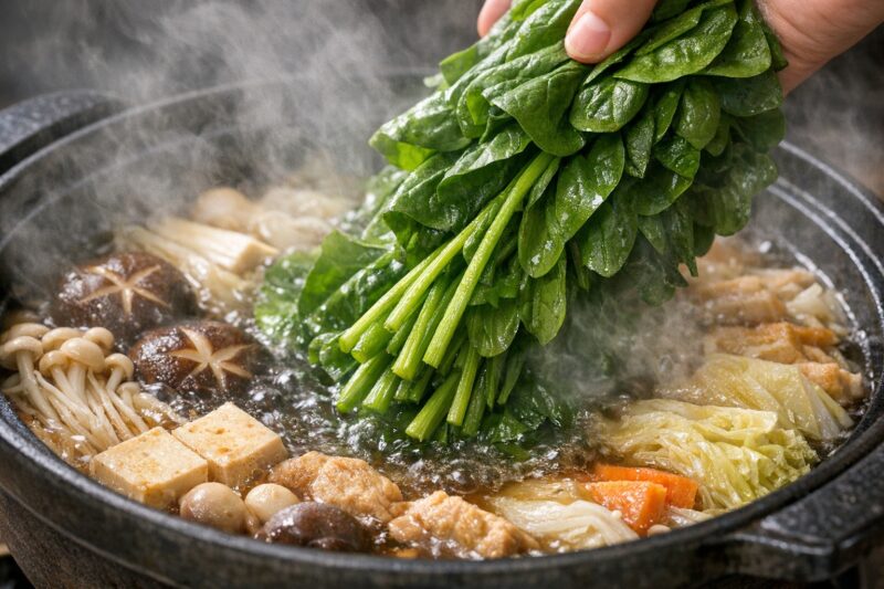 鍋の仕上げにほうれん草を入れているイメージ