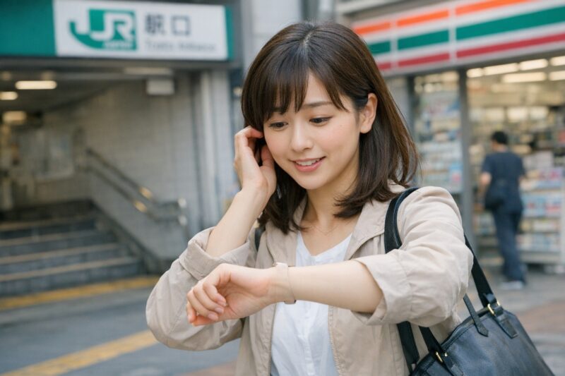 時計を忘れて困っている女性