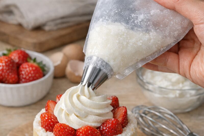 解凍後の冷凍ホイップを丁寧に使っているイメージ