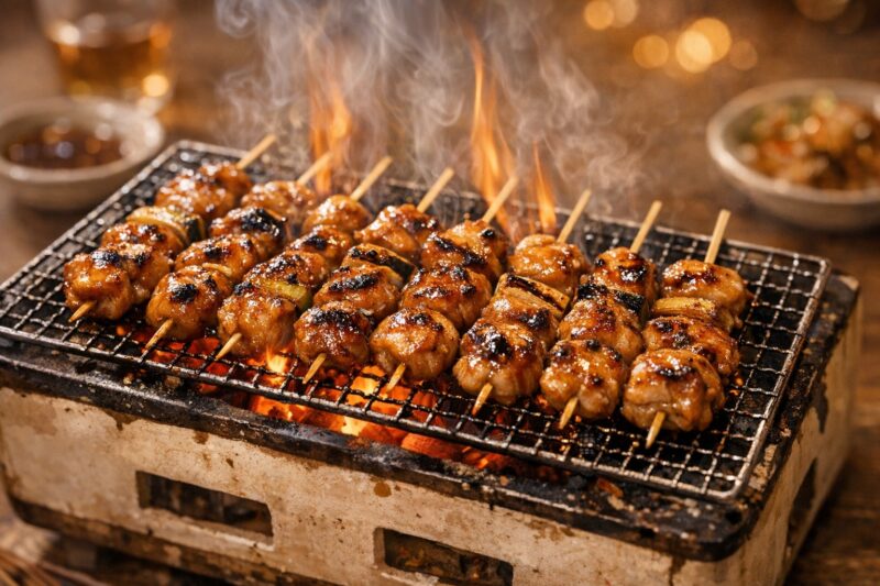 焼き鳥をグリルで焼いている炭火焼きの様子